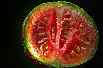 Wall Mural - A cross-section of a tomato-like watermelon hybrid with glistening moisture.