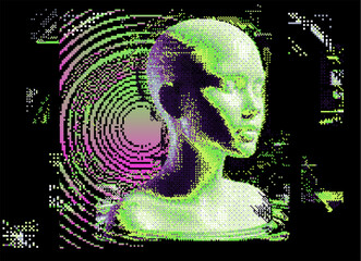 Aufkleber - Distorted and disintegrated image of human face made of pixel particles. Retrofuturistic vector illustration for tech and programming themes.