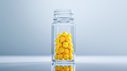 Wall Mural - A jar of yellow pills sits on a table. The pills are small and round, and the jar is clear. Concept of health and wellness, as the pills are likely vitamins or supplements. The jar itself is simple