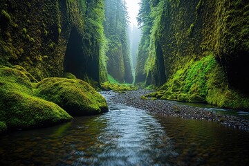 Sticker - A lush green forest with a stream running through it. The water is clear and calm, and the moss on the rocks adds to the peaceful atmosphere