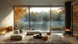 © typepng - Scenic fall lake fireplace in an interior room background for an online webinar virtual meeting; ideal for retirement home office setup with a computer desk, featuring water and trees visible through