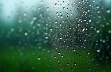 Poster - Raindrops on glass create unique pattern. Rain drops clustered on transparent surface. Green blurred background shows nature. Glass reflects cool weather. Macro shot textures of water drops. Water