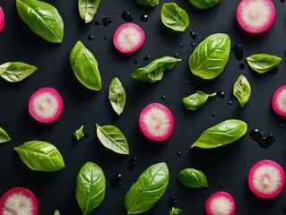 Poster - A close up of a black background with a variety of vegetables including radishes, green leaves, and possibly some other vegetables