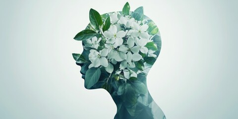 Wall Mural - A woman's head is made of flowers. The flowers are white and the woman's face is made of leaves. The image has a calming and peaceful mood, as the flowers and leaves create a serene