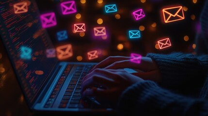 Nighttime email coding, glowing inbox, laptop, dark room, software development, tech illustration
