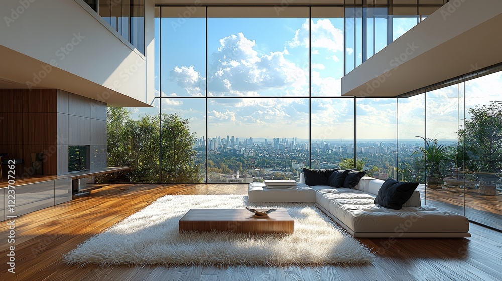Image showcasing Illustration Stock Modern penthouse living room with expansive windows ...