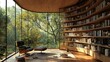 © typepng - A scenic bookshelf background with a cozy home office atmosphere featuring a library-like study area. The room offers a view through a window showing trees and hills, set against a rustic wood