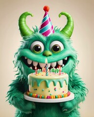 Wall Mural - Happy little green monster holding a birthday cake with a light background, digital art, design, illustration, celebration.