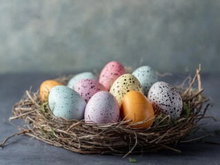 A nest of eggs with a variety of colors, including yellow, orange, and pink. The eggs are arranged in a circle, with some overlapping and others standing alone. Scene is one of warmth and coziness