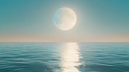 Sticker - A large, bright full moon hangs in the sky above a calm ocean. the reflection of the moon shines brightly on the water, creating a path of light. Stellar Path. Illustration