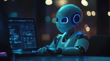 Robot coding late at night in office