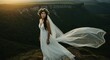 © Deamard - A bride with a flower crown gazes across a dramatic landscape, her veil caught in the wind, embodying timeless romance.