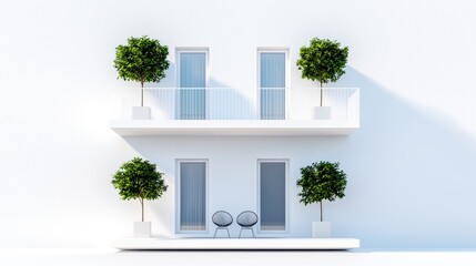 detailed apartment building front, balcony and window arrangement, minimalist urban design, isolated on white background