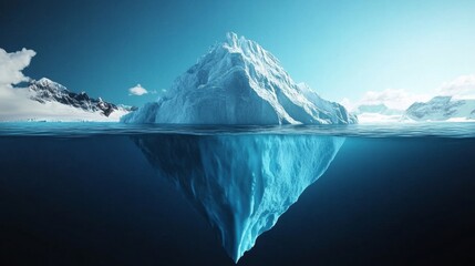 Amazing white iceberg floats in the ocean with a view underwater. Hidden Danger and Global Warming Concept. Tip of the iceberg. Half underwater. Greenland