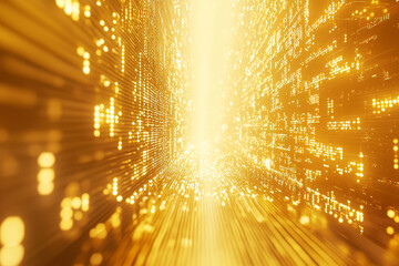 Golden data stream tunnel, glowing bright, digital pathway.