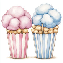 Canvas Print - Pink and blue cotton candy atop popcorn in striped containers.