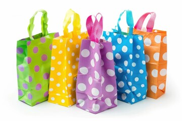 Wall Mural - Vibrant polka-dotted gift bags in an array of colors brighten any celebration or special occasion, perfect for wrapping treasures lovingly isolated on transparent background