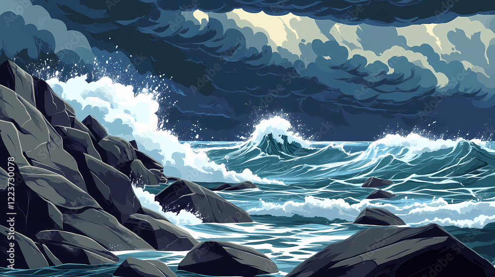Dramatic ocean waves crashing against rocky shore during thunderstorm ...