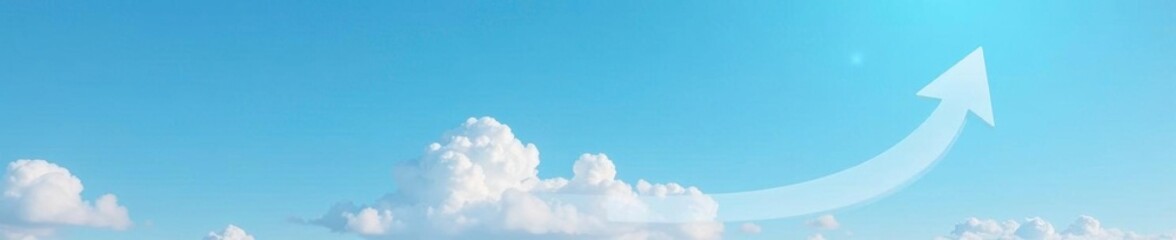 Wall Mural - Skyline arrow descending softly from a puffy white cloud on a bright blue sky, natural light, peaceful atmosphere