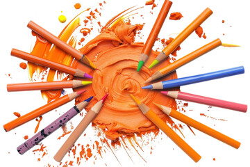 Creative explosion of colored pencils arranged around a vibrant orange paint swirl on white background isolated on transparent background