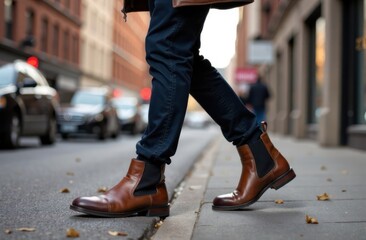 men's fashion for fall. stylish brown leather chelsea boots on city street, urban footwear fashion, casual or formal wear.