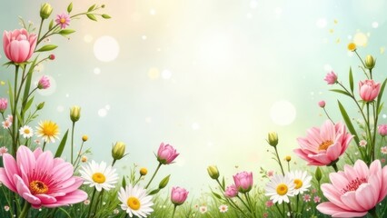 Aufkleber - Pink, white and yellow flowers and green grass are arranged as a frame with a light green background.
Concept of spring and nature.