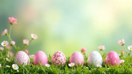 Aufkleber - Six decorated pink Easter eggs sit in a row in green grass with small white and pink flowers.
Concept of Spring and Easter.