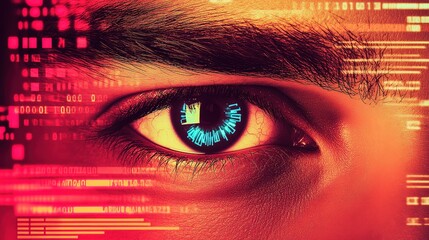 Close-up eye, digital code, future technology, data stream background, cybersecurity concept