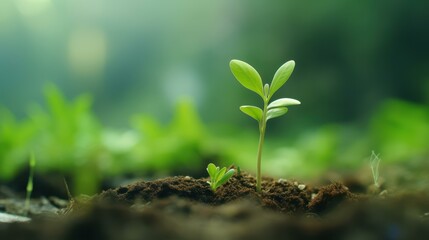 Wall Mural - A young plant emerges from its seed, symbolizing new life, with a soft blur in the background enhancing its freshness.