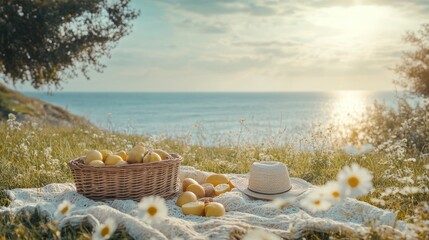 a bright and cheerful summer vibe with a picnic setup on the grass, including a blanket, a basket, a