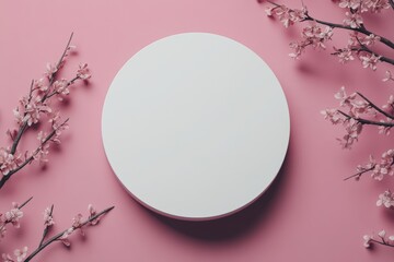 Sticker - A round platform decorated with flowering apple branches for product presentations, with an abstract minimal geometric shape on a pink backdrop. One showcase with white flowers and soft shadows.