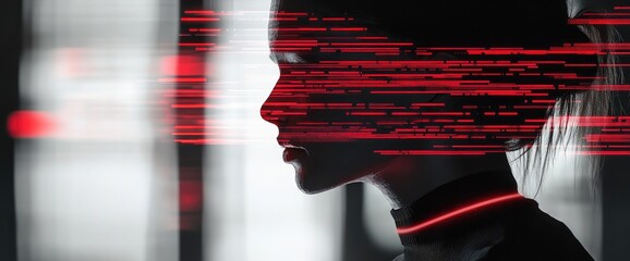 Woman's profile, red code overlay, modern office background. Tech concept