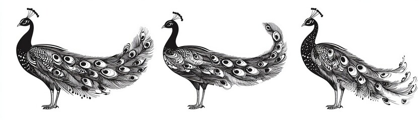 A modern black ink drawing of a peafowl bird, hand-drawn as an outline sketch of a peacock, isolated on a white background. This is a graphic animal illustration