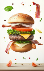 Wall Mural - burger with various ingredients floating in mid-air