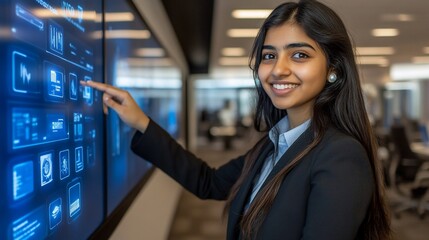 Young woman using interactive touch screen display in modern office environment