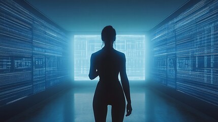 Silhouette of a person standing in a room with glowing screens and code lines
