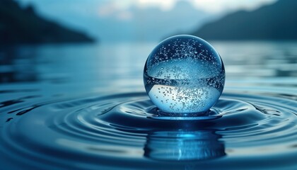 Poster - Clear water droplet rests on blue surface creating ripples. Glass sphere floats on water surface. Water texture shows transparent sphere reflecting environment. Macro view of water droplet. Ripples