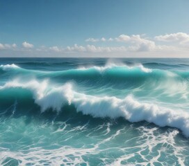 Blue turquoise ocean with foamy waves and ocean spray, turquoise, waves