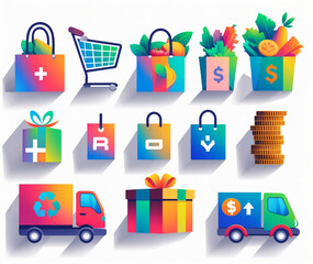 Illustration of icons related to shopping and weather conditions