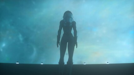 Wall Mural - alone woman astronaut in futuristic spaceship, room. view of the beautiful star galaxy