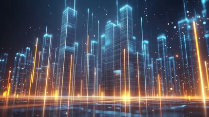 Wall Mural - orange and blue glowing lines are connecting futuristic skyscrapers in a smart city at night, creati