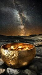 Wall Mural - golden bowl filled with shimmering orbs placed in a starry landscape under the milky way at night