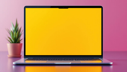 Laptop Computer Displaying Yellow Screen with Plant