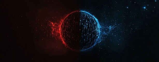 Wall Mural - abstract sphere is divided in two halves with red and blue particles flowing from its core, represen