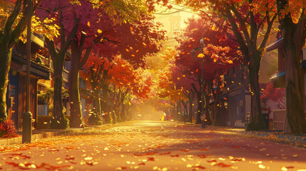 Poster - serene autumn street lined with vibrant red and orange trees, creating picturesque scene filled with falling leaves. warm sunlight enhances tranquil atmosphere