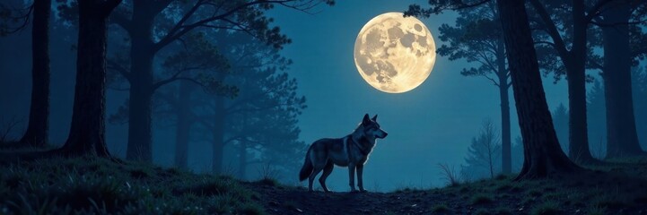 Wall Mural - A lone wolf standing in a forest at night with full moon lighting its body , Wildlife, Animal
