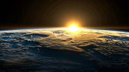 Wall Mural - Sunrise view from space highlighting Earth’s atmosphere and clouds above the horizon