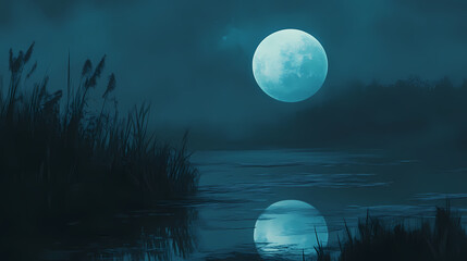 Sticker - A full blue moon with soft light reflecting off a still pond at night. Lunar Horizon. Illustration