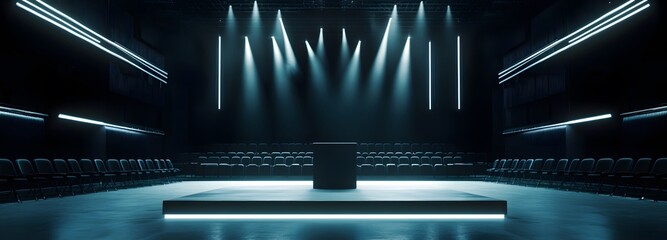 Wall Mural - a podium inside a sleek, modern concert hall, with rows of seats and dramatic stage lighting