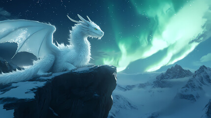  Serene white dragon gazes from a snowy ledge with the mystical aurora borealis lighting up the night sky. Aurora Ridge. Illustration